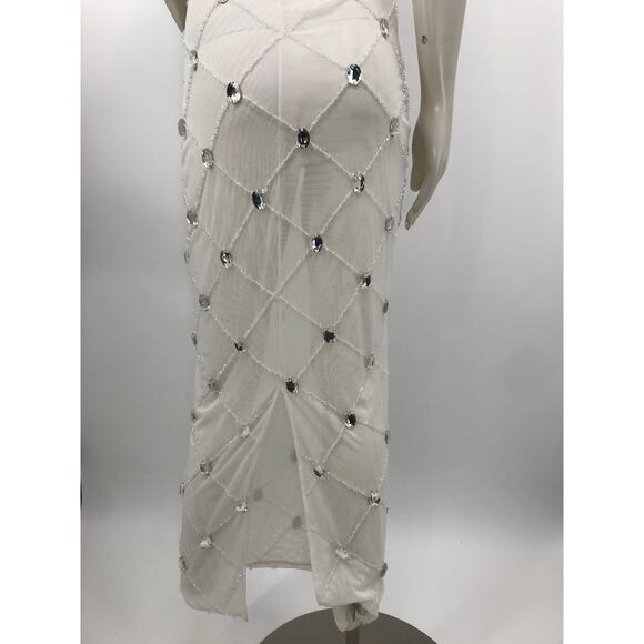 Akira White Chrissy Sheer Mesh Beaded Midi Party Dress Medium - Picture 12 of 15